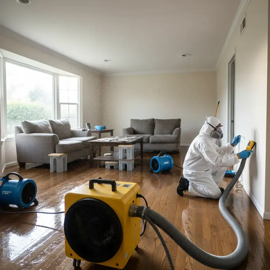 A technician extracting water from a flooded living room floor