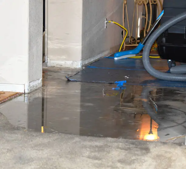 Drying equipment set on a wet concrete floor after a water loss