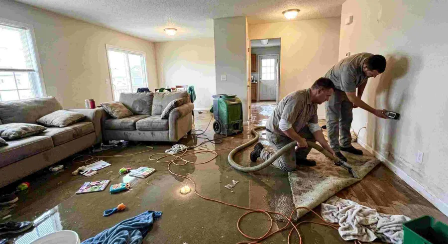 A technician vacuuming standing water from a flooded floor