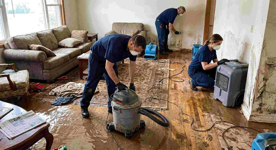 A restoration crew drying a water damaged Pomona, CA home